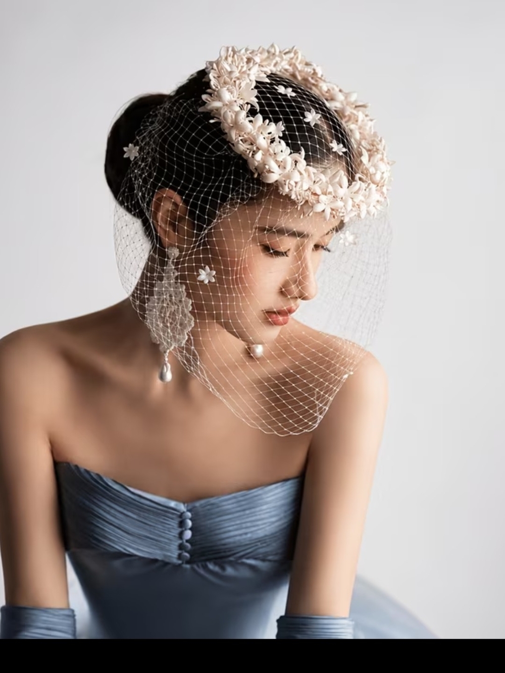 White Floral Birdcage Veil With Pretty White Florals